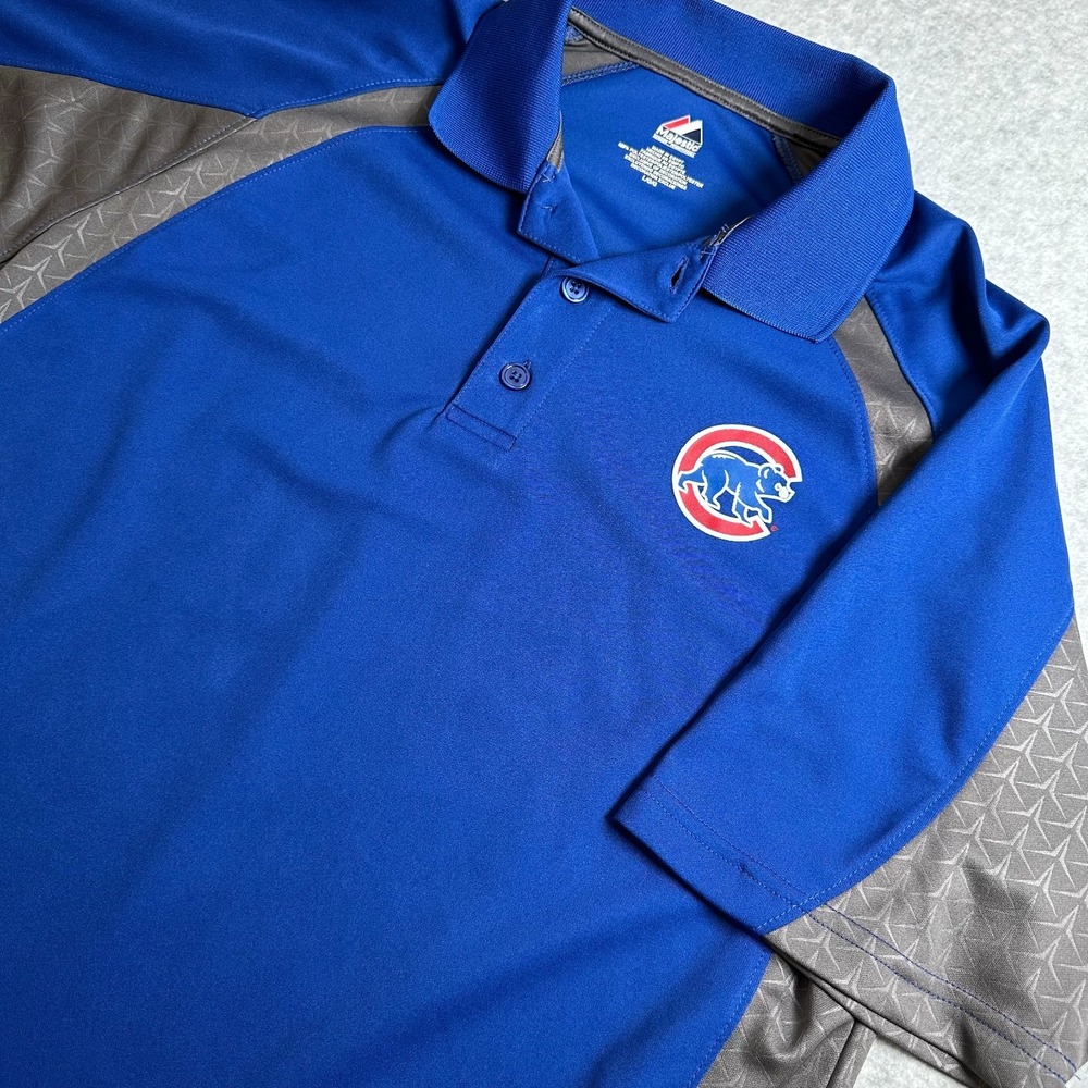 Majestic Chicago Cubs Polo Shirt Mens Large Blue Gray Performance MLB Short